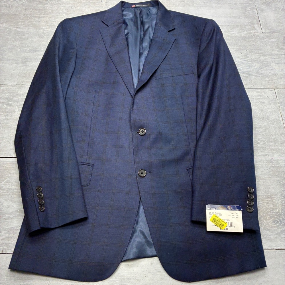 Hart Schaffner Marx Blazer Mens 43 Regular Navy Blue Plaid Wool Sport Coat NWT